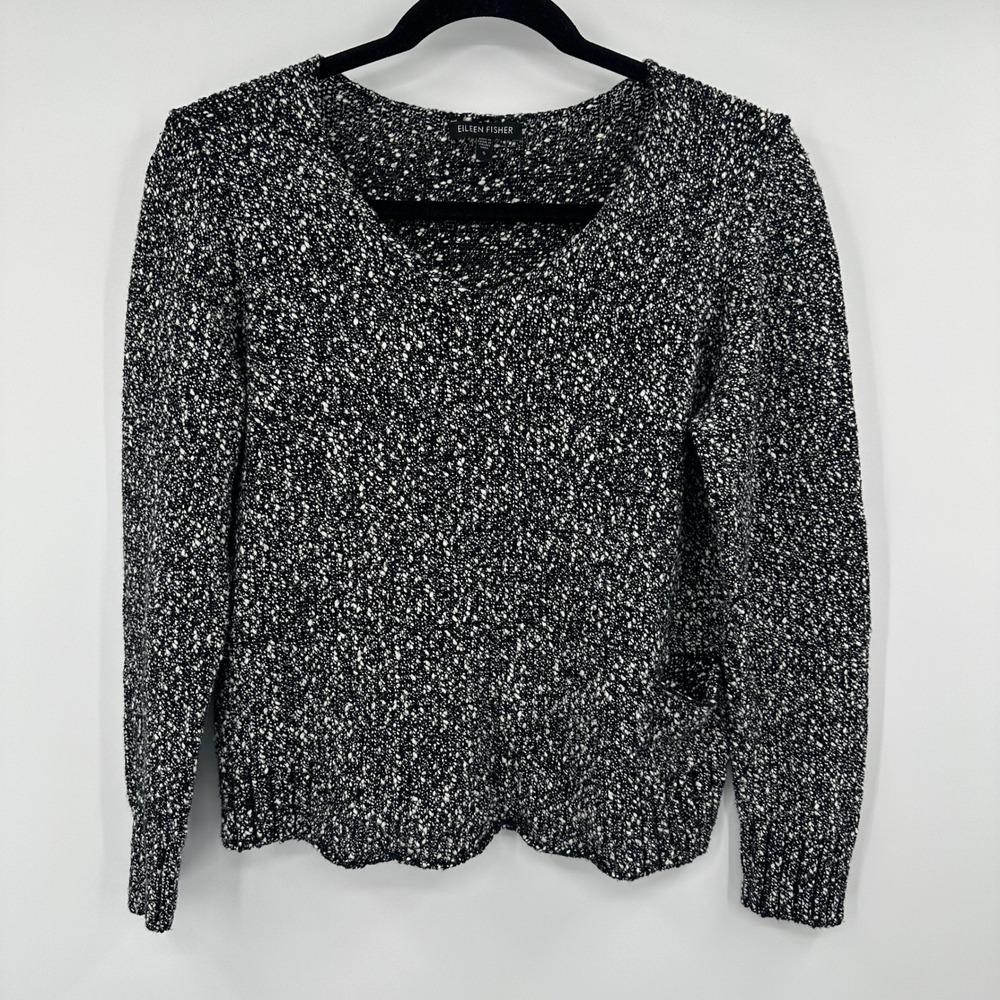 Eileen Fisher Black White Textured Knit Cotton Sweater Top‎ Women Size S